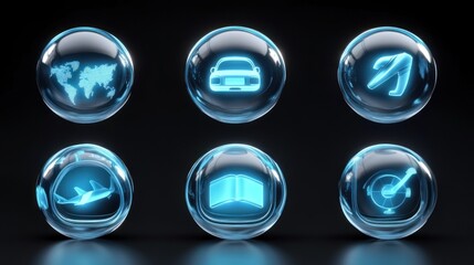 Six Glass Globes Displaying Transportation And Travel Icons