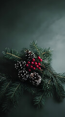 A beautifully arranged Christmas wreath features lush greenery with vibrant red berries and a striking black ornament. This festive decoration captures the spirit of the holiday season