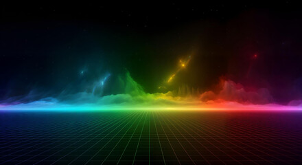 Vibrant digital landscape with colorful abstract light waves and grid