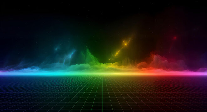 Vibrant digital landscape with colorful abstract light waves and grid