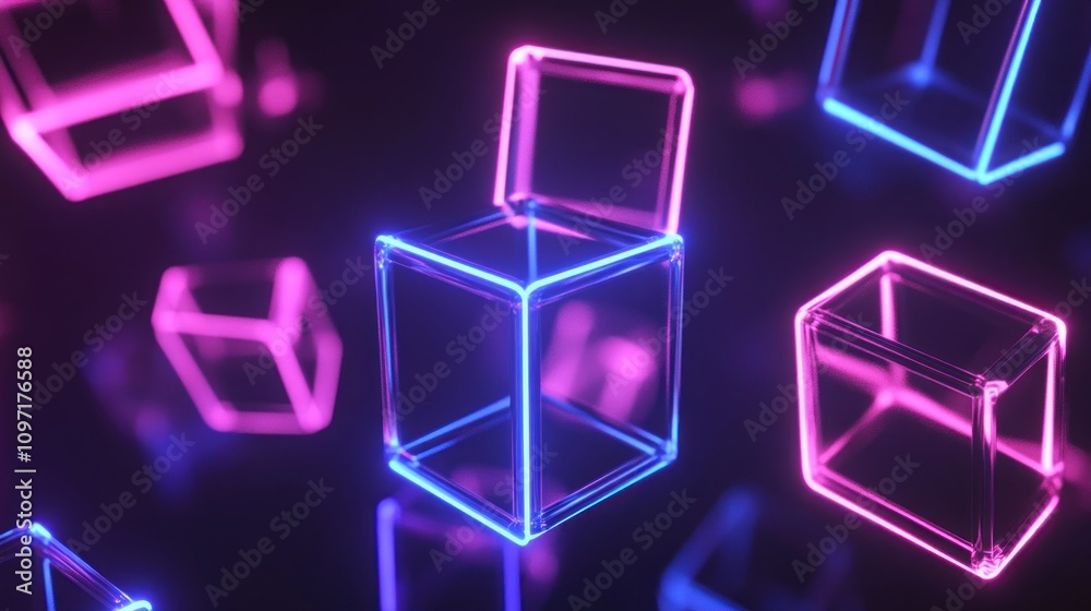 Poster glowing neon cubes float in dark space