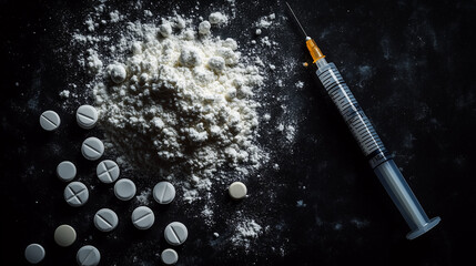 Drugs in Powder and Tablet Form with Syringe and Spoon on Black Background

