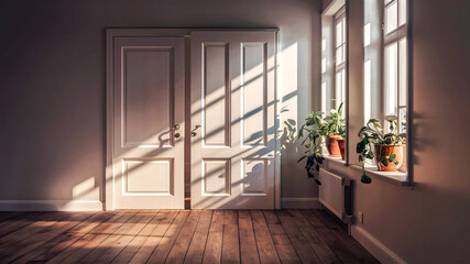 Simple and stylish minimalist room with a white wall closed white door wooden flooring and sunlight streaming through the window highlighting plants.