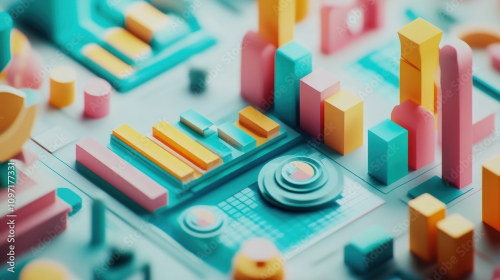 Poster abstract 3d geometric shapes in vibrant colors, resembling data visualization or digital art.