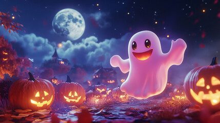Cheerful animated ghost hovers above a halloween town adorned with jack-o-lanterns and a bright full moon