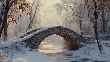 Fototapeta premium A serene winter scene featuring a stone bridge over a snow-covered river.