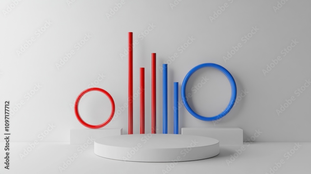 Poster Abstract display with red and blue geometric shapes on a minimalistic stage.