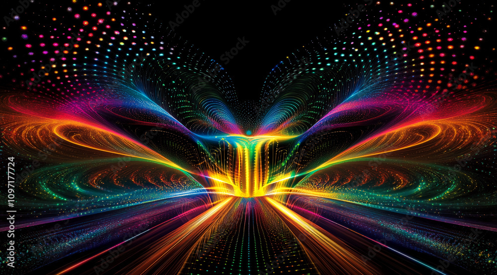 Poster colorful digital abstract design with vibrant patterns and light effects created in a dark backgroun