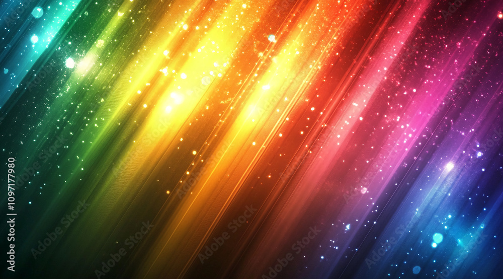Poster colorful light rays create a vibrant, shimmering effect in a dark background with a mixture of warm 
