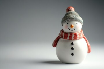 Fototapeta premium Smiling ceramic snowman with red scarf and grey hat
