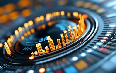 A futuristic digital interface with glowing orange graphs and dynamic circular elements showcasing technology