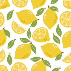 Lemon seamless pattern with slice and leaves. Hand drawn cartoon summer fruit illustration