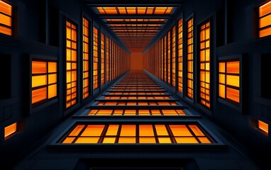 Looking up view of modern skyscraper with dramatic golden sunset light creating symmetrical architectural perspective