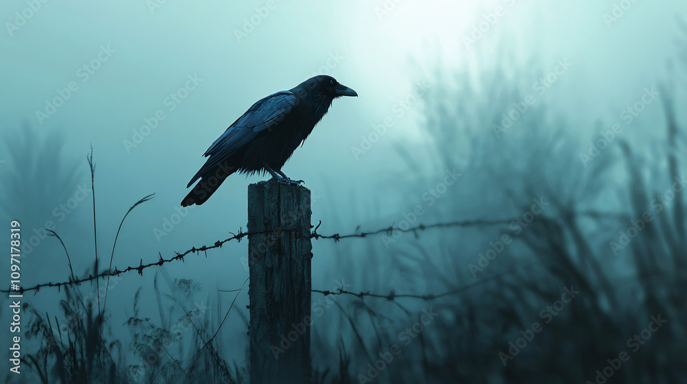 Aufkleber mysterious and evocative scene of a black crow perched on a weathered wooden fence post in a foggy f