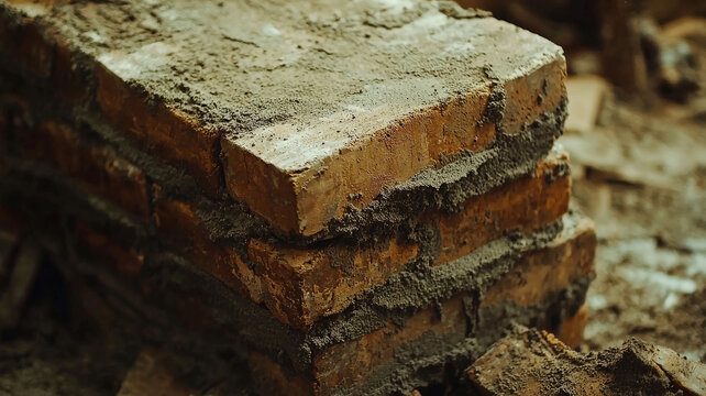 A close-up of bricks being layered with mortar, showcasing the textured surface of the bricks and the application of wet mortar between them. This image captures the craftsmanship involved in bricklay