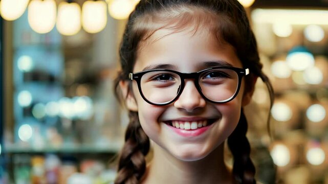 
A girl with braids and glasses smiles warmly, framed in a static shot with ambient lighting and a blurred glasses shop background.