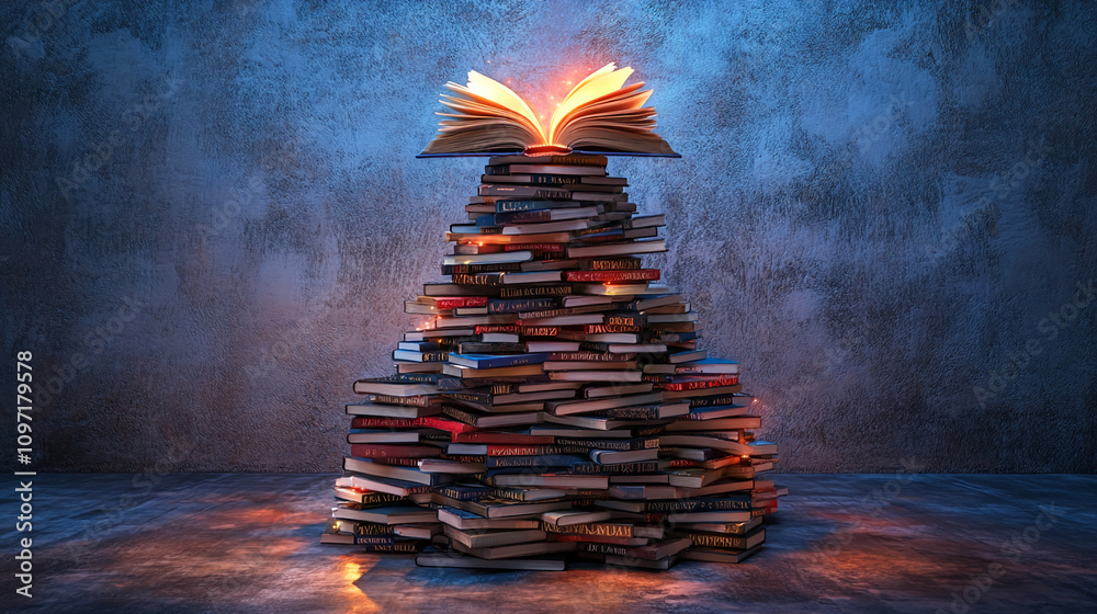 Poster books stacked in a pyramid with an open book glowing on top in a dimly lit room