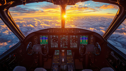 A modern cockpit showcasing advanced controls, glowing screens, and a panoramic view of clouds, providing an immersive flying experience