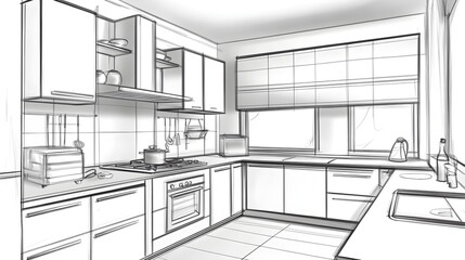 stylish kitchen interior with modern furniture combination of photo and sketch