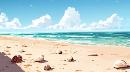 Serene beach with seashells scattered on untouched sand, endless horizon. Endless Sand Horizon. Illustration