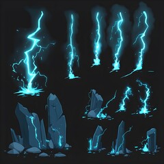 cartoon lightning animation animated frames of electric strike magic electricity hit and thunderbolt effect vector illustration set game asset collection of blue glowing storm bolts