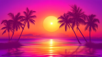 Retro wave horizon landscape with neon lights, palm trees, and sunset at the beach, retro futurism, synthwave. Neon Vaporwave Sunset. Illustration