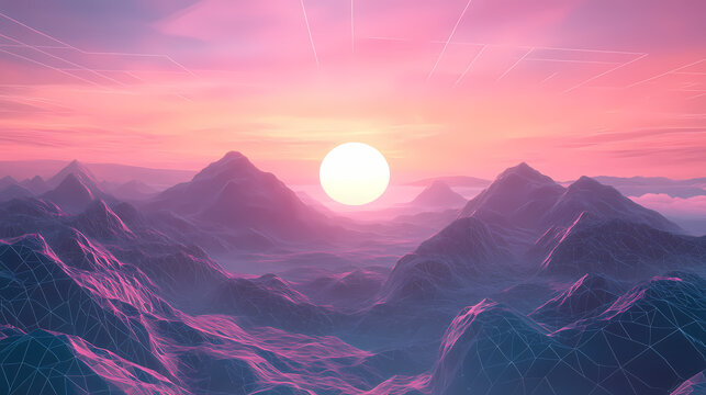 Retrofuturistic synthwave landscape neon grid horizon lowpoly mountains vibrant sunset digital art style. Neon Vaporwave Sunset. Illustration