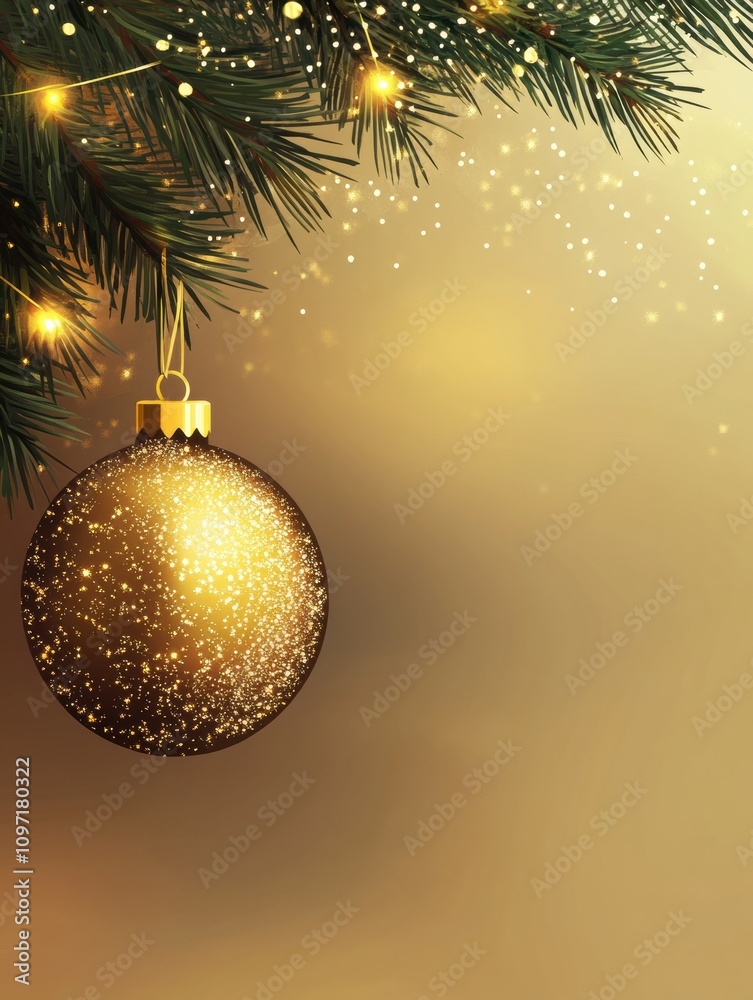 Poster a golden christmas ornament glimmers in the light, suspended from a pine branch adorned with delicat