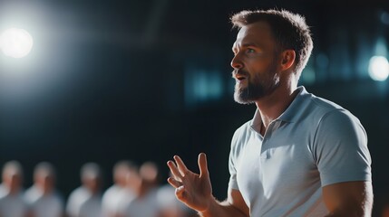 Male coach in white polo shirt giving speech to team. Horizontal banner for business coaching, corporate training, leadership seminars, motivational speaking, professional development