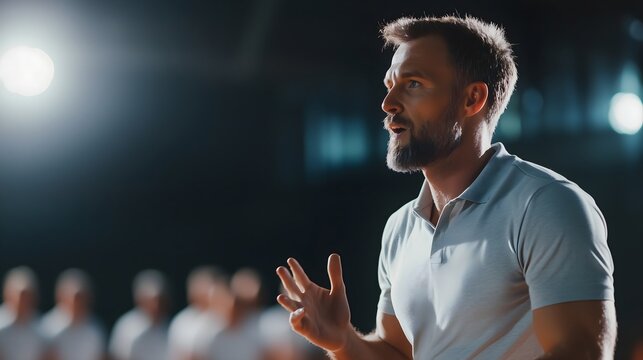 Male coach in white polo shirt giving speech to team. Horizontal banner for business coaching, corporate training, leadership seminars, motivational speaking, professional development