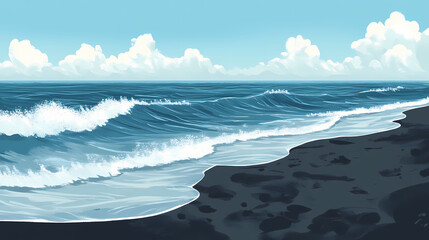 Black sand beach meeting the endless horizon, with soft waves lapping gently. Endless Sand Horizon. Illustration