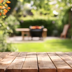 summer time in backyard garden with grill bbq wooden table blurred background