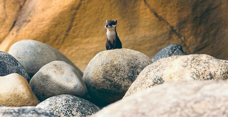 Naklejka premium Weasel Sitting on Rocks in Natural Habitat Surrounded by Stones