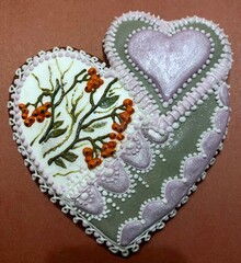 Christmas or New Year cookies, gingerbread colorful cookies, New Year's mood, heart-shaped cookies