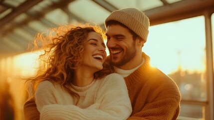 Couple in knit sweaters sharing intimate moment in golden light,. horizontal banner for winter fashion, holiday cards, cozy lifestyle brands, relationship content, romantic social media