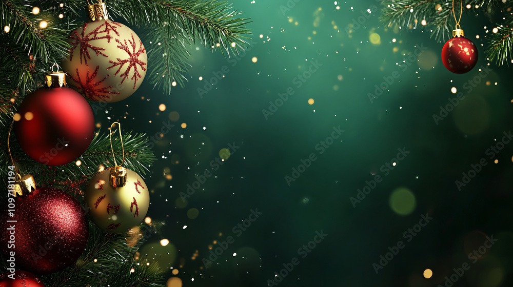 Aufkleber red and gold christmas ornaments decorate a fir tree branch with falling snow and bokeh effect, perf