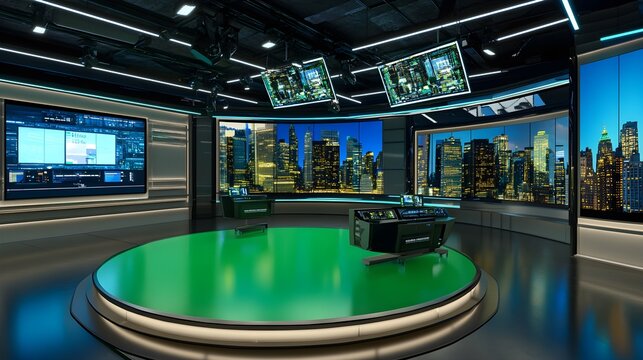 virtual tv studio news set green screen background 3d rendering