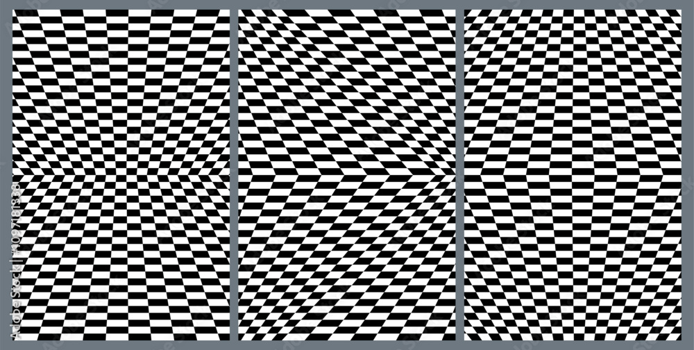 Poster Set of Posters with Psychedelic Checkerboard Patterns. Abstract Black and White Geometric Texture. Vector Print with Optical Illusions