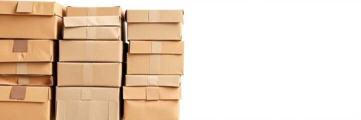Brown cardboard boxes for recycling, neatly stacked in an isolated white background, conservation, repurpose, recycle
