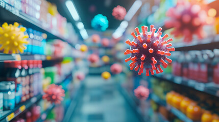 Naklejka premium Supermarket shelves stocked with goods during the coronavirus pandemic, shopping in quarantine