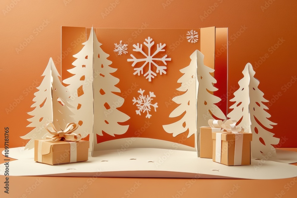 Poster this handmade holiday card showcases delicate paper cut-out trees with snowflakes, creating a festiv