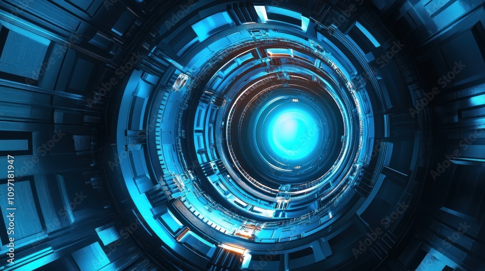 Poster a futuristic, circular tunnel with glowing blue light and intricate metallic structures.