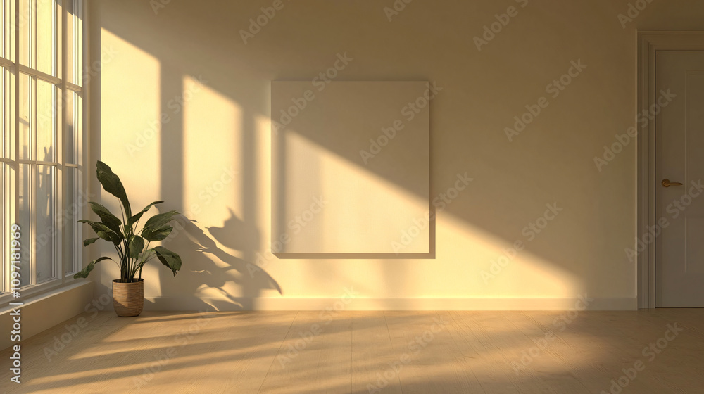 Poster empty room with blank canvas on wall and long shadows from sun through window, ideal for displaying 