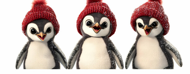 Fototapeta premium Cute Penguins Wearing Winter Hats in Playful Style