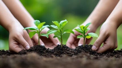 Hands Planting Three Young Green Seedlings In Soil