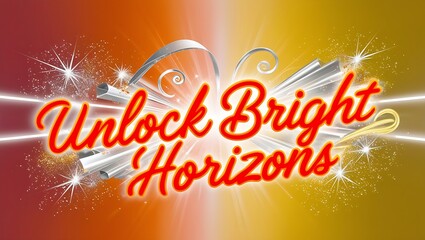 "Unlock Bright Horizons" motivational text graphic with sparkles and ribbon design on a warm color background.