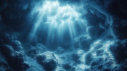 Underwater cave illuminated by shafts of sunlight creating a mystical atmosphere in blue tones