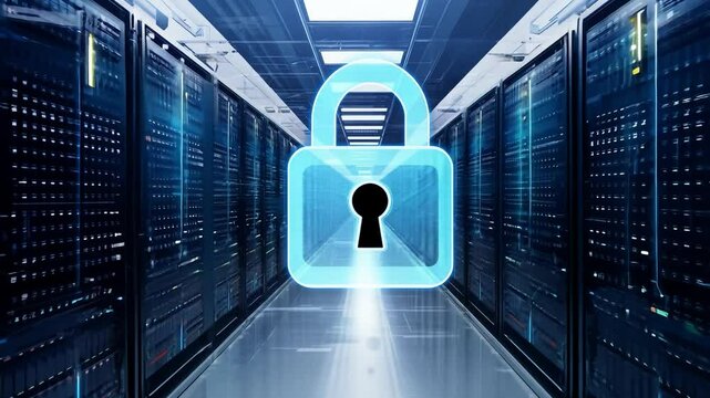 Digital padlock overlay in a secure server room. Cybersecurity and data protection concept.