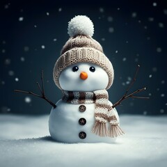 A hyper-realistic, 4K image of a snowman wearing a red hat and scarf, standing in a snowy landscape. The snowman has a carrot nose, coal eyes, and stick arms. The background is a solid pure white colo