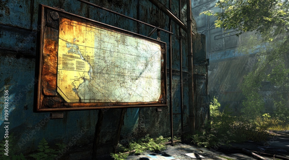 Poster A weathered map display in an overgrown, abandoned industrial environment.
